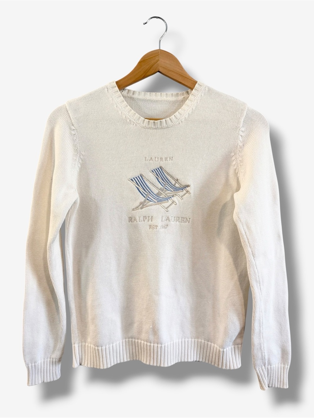 Vintage Lauren Ralph Lauren White Cotton Knit Sweater S Deck Chair Embroidery